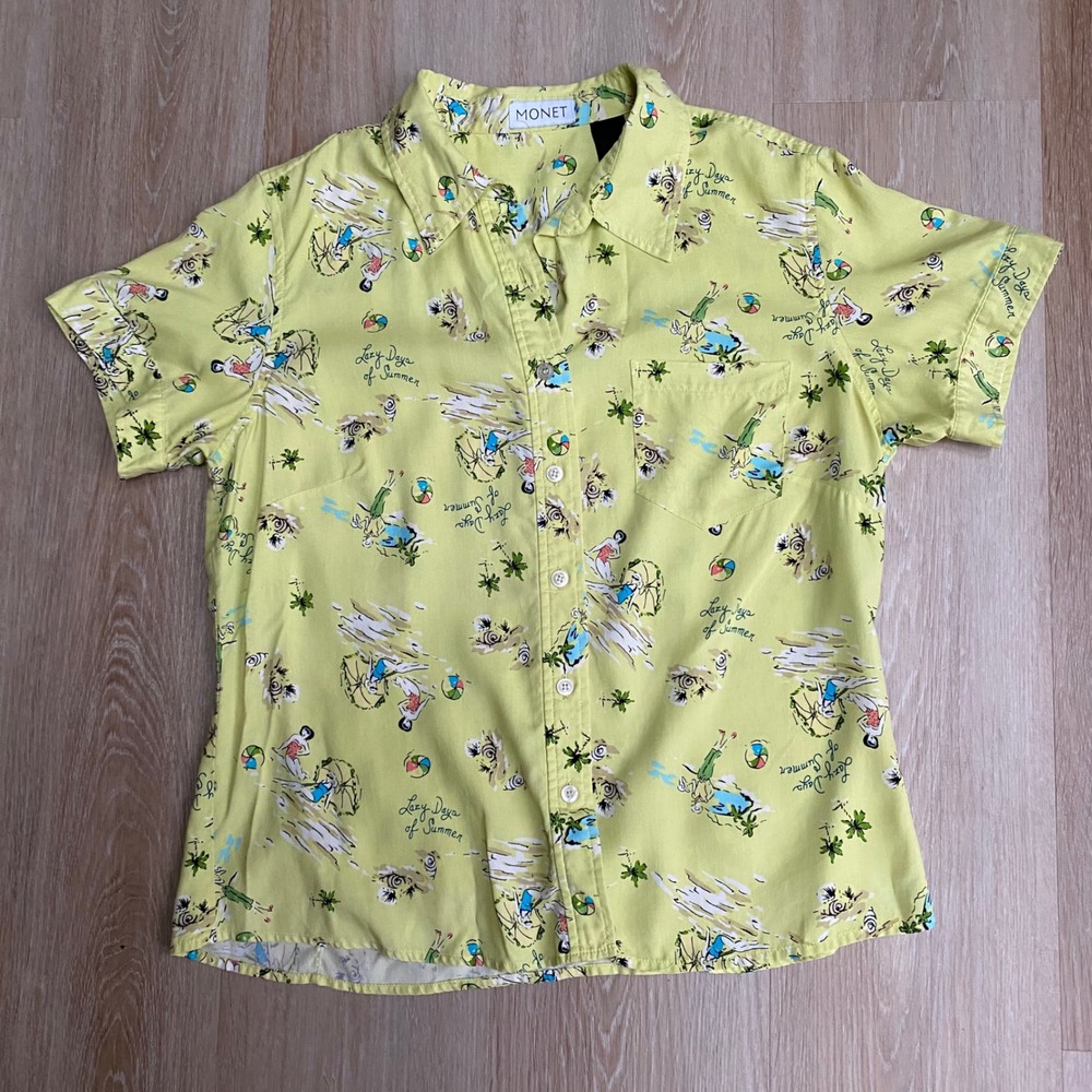 Monet 100%Silk Women's Button Up Shirt Lime Green Beach Print Novelty resortWear